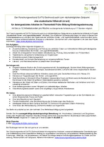 Abgebildet ist die Stellenausschreibung zur studentischen Hilfskraft für datengestütztes Arbeiten im Themenfeld Frühe Bildung /Kindertagesbetreuung. Es sind Aufgaben, Anforderungen und Benefits der Stelle angegeben, sowie die Ansprechperson Nina Olszenka. Die dazugehörige vollständige PDF-Datei kann am Ende der Newsmeldung heruntergeladen werden.