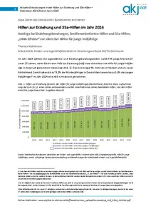 Abgebildet ist die erste Seite der Kurzanalyse zu den Daten der Hilfen zu Erziehung und 35a-Hilfen aus 2024, die 2026 von der AKJStat veröffentlicht wurde. Der Untertitel lautet "Anstiege bei Erziehungsberatungen, familienorientierten Hilfen und 35a-Hilfen, „UMA-Effekte“ vor allem bei Hilfen für junge Volljährige". Oben rechts steht das Logo der AKJStat. Ein Diagramm zeigt den Anstieg der Hilfen zur Erziehung in Deutschland zwischen den Jahren 2010 und 2024.